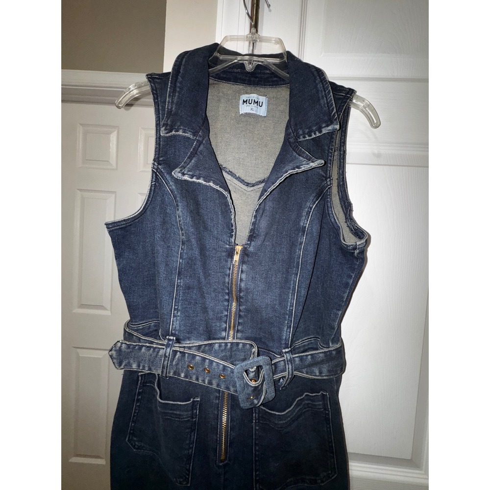 Show Me Your Mumu Womens Denim Jumpsuit Dark Wash Flare Leg Belted XL Sleeveless - Picture 7 of 9